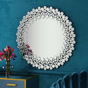 MUAUSU Round Crystal Decorative Wall Mirror Gorgeous Silver Accent Mirror for Wall Decor Bathroom Bedroom Living Room Dining Room, 22.8''22.8