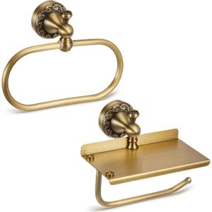 2 Pieces Set Antique Brass Toilet Paper Holder with Retro Brass Hand Towel Ring Tissue Roll Paper Hanger Wall Mounted Bathroom Hardware Vintage Bathroom Accessories(with Phone Shelf)