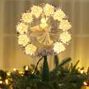 Brizled Christmas Tree Topper, 8" Lighted Angel Tree Topper with 11 Count Lights, Silver Tinsel Wreath Tree Toppers, Warm Lighted Angel Tree Topper with 10 Flowers, Plug-in Treetop for Christmas Tree