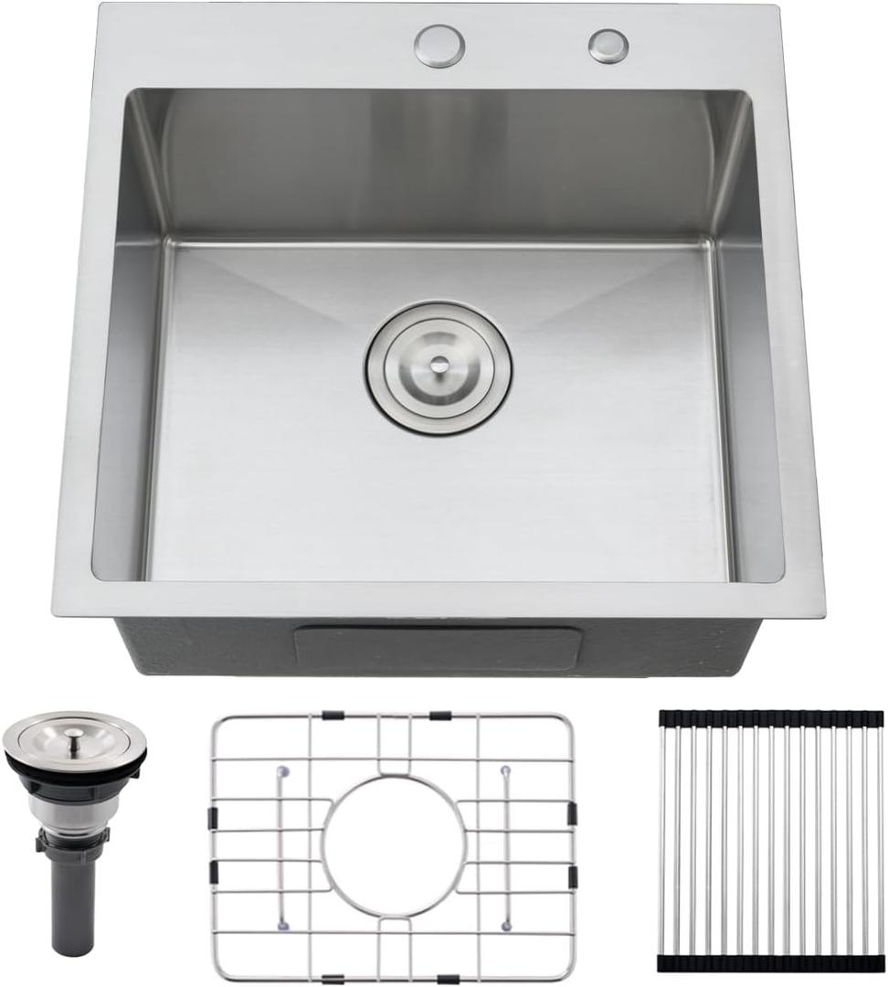 20 inch Drop In Bar Sink - VOKIM 20"x 19" Drop In Kitchen Sink Stainless Steel Top Mount Sink Single Bowl Handmade Small Bar sink with Accessories, 20"X19"X9"