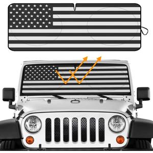 Big Hippo American Flag Windshield Sunshade for 2007-2022 Wrangler Rubicon Sahara TJ JK JKU 2 & 4 Door (Black)