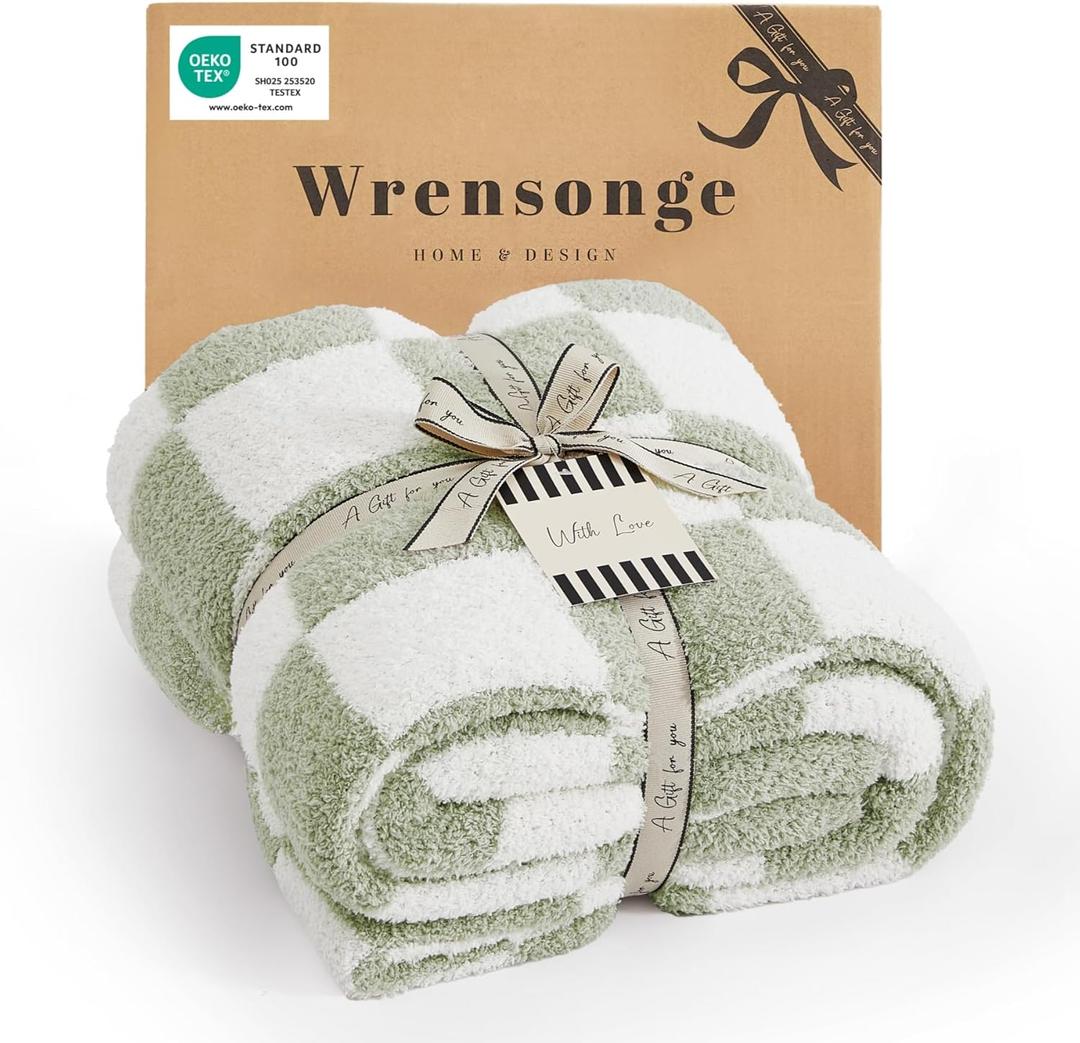 WRENSONGE Checkered Throw Blanket, Sage Green Soft Cozy Fluffy Hand Made Throw Blankets for Couch, Sofa, Chair, Bed, Camping, Picnic, Travel Lightweight Bed Blankets for Women Mothers Birthday Gifts (Throw-XL(50"x 70"))