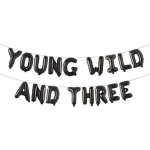 Young Wild and Three Balloon Banner Decorations for Boy & Girl's 3rd Birthday - Black