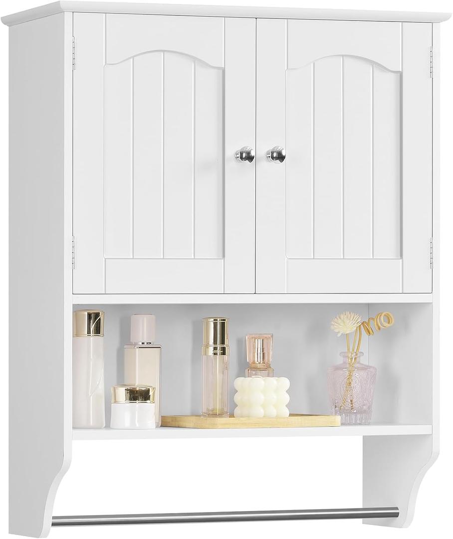 Iwell Bathroom Wall Cabinet, Over The Toilet Storage Cabinet with Towel Rack & Adjustable Shelf, Medicine Cabinet for Bathroom, White