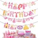 4PCS Princess Happy Birthday Banners  Pink & Gold Fairy Tale Decorations with Castles, Dresses, Crowns & Carriages for Birthday Party