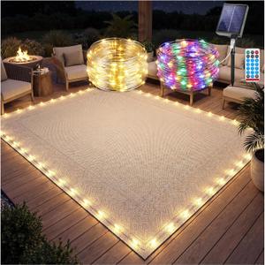 Solar Powered LED Rope Light for Outdoor Rug, 46FT Patio Floor Lights with Warm White & Multicolor for Backyard Deck Decor, Solar & USB Recharge, Remote Timer, Waterproof, 24 Rug Clips Included
