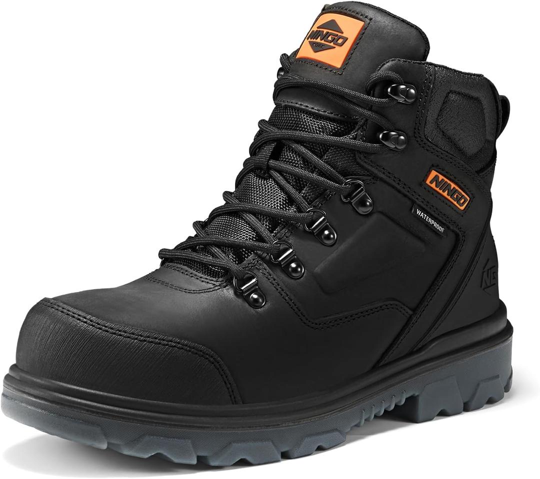 NINGO Mens Steel Toe Work Boots, Waterproof Heavy-Duty Safety Boots with Puncture Protection Oil & Slip Resistant, Steel Toe Work Shoes with Breathable Lining EH Protection for Construction Industrial (10.5 Wide, Black)