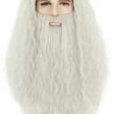 karlery Men Long Curly Grey Wizard Wig and Fake Beard Halloween Cosplay Costume Accessory Wig
