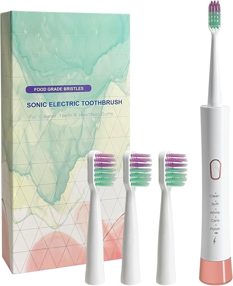 EBANKJ Sonic Electric Toothbrush - 5 Cleaning Modes with Timer - Waterproof Rechargeable Toothbrush with 3 Brush Heads - Travel Case Included