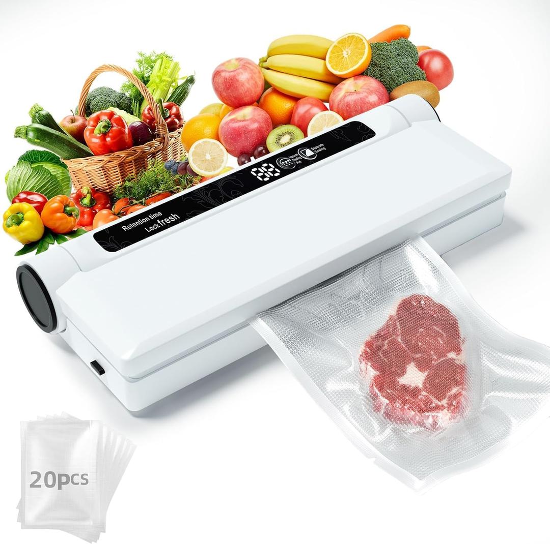 75KPA Food Vacuum Sealer Machine, Dry/Wet Modes, Compact Design, with Led Indicator Lights, 20 Vacuum Sealer Bags, Ideal for Home Kitchen Use (WHITE)