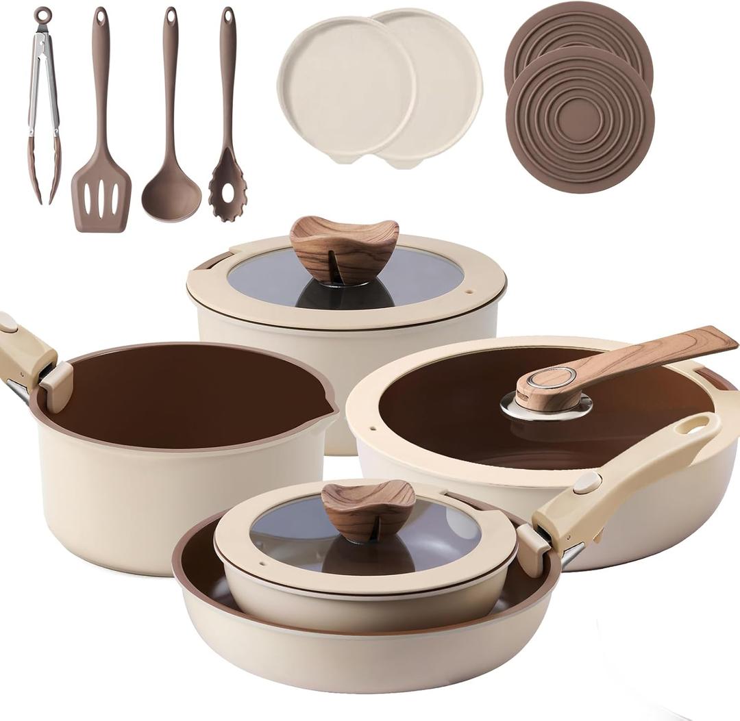 17-Piece RV Pots and Pans Set with Detachable Handle for Camper | Stackable RV Cookware, Induction & Oven Safe, Nonstick Ceramic Brown Interior, Dishwasher Friendly, PFOS & PFOA Free