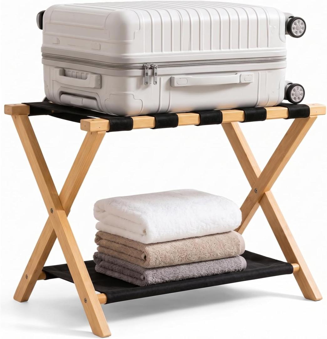 Luggage Rack, Heavy-Duty Bamboo Foldable Suitcase Stand with Storage Shelf, Fits Up to 28" Luggage, Space-Saving Organizer Holder for Guest Room, Bedroom, Hotel, Dorm and Entryway, Natural(1 Pack)