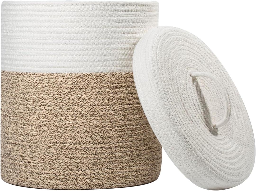 Yimi's Dream Lidded Storage Basket, Medium Cotton Rope Basket with Lid, Small Round Storage Basket for Nursery, Living Room, Kids, Blanket, Toys (11.5''D * 13.5''H, Brown & White)