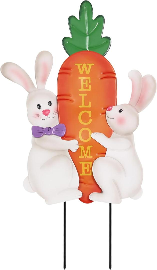 hogardeck Easter Decorations Outdoor, 26 Inch Cute Bunny Carrot Decorative Garden Stakes for Easter Decor, Welcome Metal Yard Sign for Home Spring Outside Garden Front Porch Lawn Backyard (White Orange)