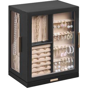 360 Rotating Jewelry Box with 5 Drawers, Spacious Vertical Jewelry Organizer with Glass Window, Jewelry Storage Case, Dustproof & Moisture-resistant Design, Black, 5 Drawers (6.2"D x 9.2"W x 11.4"H)