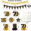 Guiruiy 25PCS 70th Birthday Decorations Kit for Men Women, Black Gold Happy 70th Bday Banner Balloon Centerpieces Swirls Party Supplies, Seventy Years Old Bday Sash Table Topper Swirl Paper Fans Set