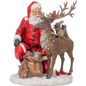 Napco Festive Red Santa with Reindeer 12 inch Resin Holiday Decorative Tabletop Figurine