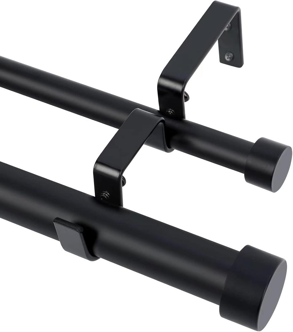 OLV Black Double Curtain Rod, 1 Inch Dual Curtain Rods for Windows 36 to 72 Inch, Heavy Duty Adjustable Telescopic Spliced Window Treatment Rods Set for Living Room Farmhouse