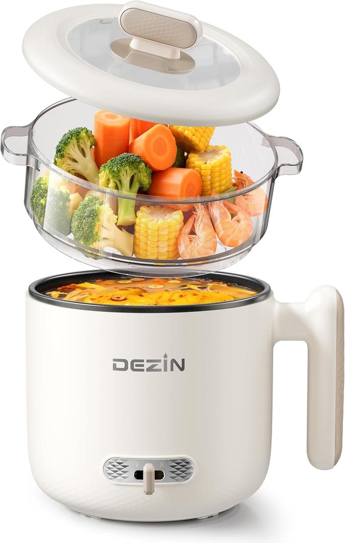 Dezin Electric Pot with Steamer, 1.8L Dual Power Ramen Cooker, Portable Non-Stick Hot Pot Electric for Soup, Pasta, Egg, Oatmeal, Overheat & Boil-Dry Protection, Ideal for Dorm, Office(Beige) Dezin Electric Pot with Steamer, 1.8L Dual Power Ramen Cooker, Portable Non-Stick Hot Pot Electric for Soup, Pasta, Egg, Oatmeal, Overheat & Boil-Dry Protection, Ideal for Dorm, Office(Beige)