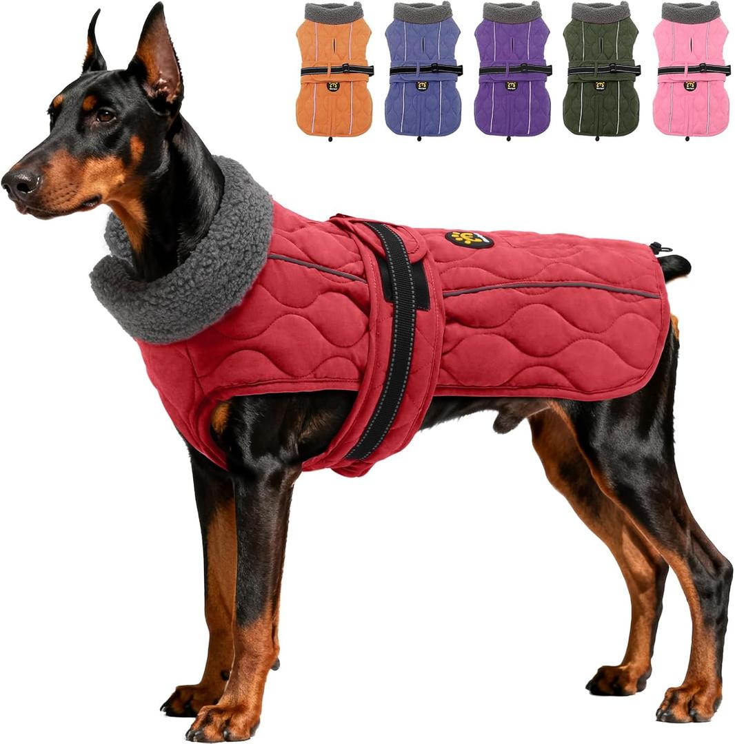 Dog Coat Winter, Waterproof Quilted Dog Jacket for Cold Weather, Reflective Adjustable Puppy Winter Coat, Warm Turtle-Neck Pet Fleece Snow Jacket for XX-Large Dogs, New Red XXL