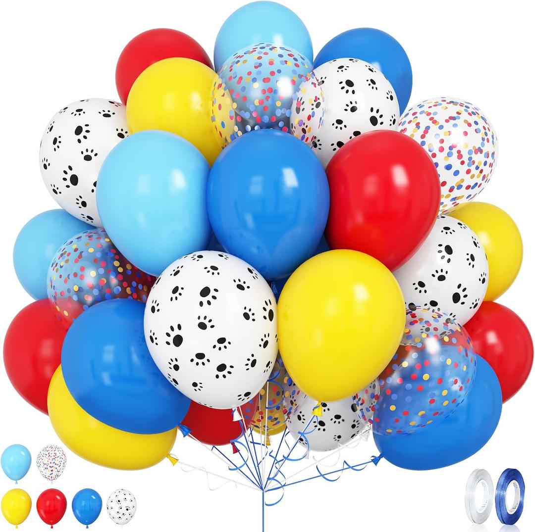 Red Yellow Blue Party Balloons, 12 Inch Dog Paw Print Balloons, Red Blue Yellow Latex Balloons with Confetti Balloons for Dog Paw Themed Boys Girls Kids Birthday Baby Shower Party Decor