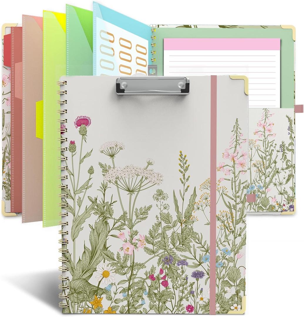 Clipboard Folder with Notepad Refillable Lined for Letter Size (11" x 8.5"), 5 Dividers with Storage 10 Pockets, Cute Spiral Foldable Clipboard with Metal Clip School Office Supplies (Garden Flowers)