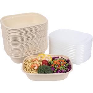 35oz Disposable salad bowls with lids, Sugarcane Fiber Paper Bowls take away food containers meal prep deli container 50 Pack