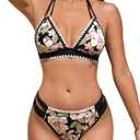 CUPSHE Women's Bikini Sets Two Piece Swimsuit Halter V Neck Back Hook Cutout Stitching Cheeky Bottom,Black/Pink Floral, Medium