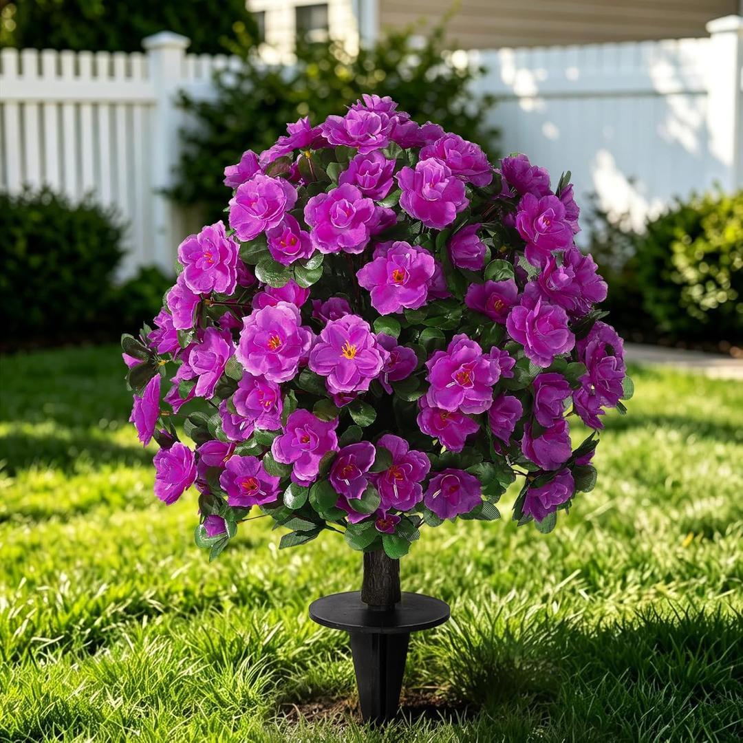 Artificial Silk Flowers Azalea for Outdoor with Ground Spike, Faux Floral Topiaries Ball Bushes Shrubs for Home Garden Yard Patio Decor UV Resistant (Fuchsia)