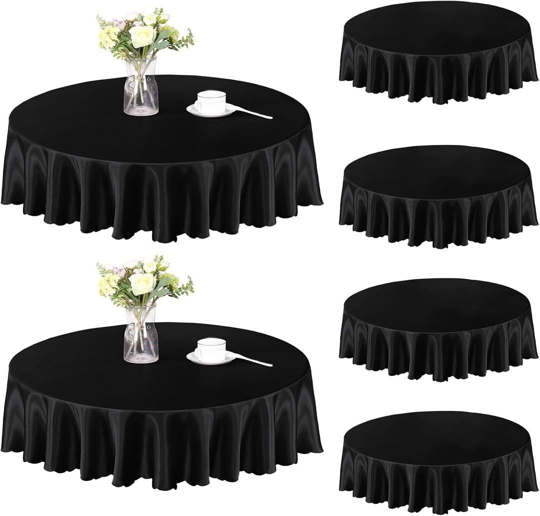 Homiest 6 Pack 60 Inch Round Tablecloth Satin Table Cover, Black Table Cloth Overlay for Wedding Reception Graduation Banquet