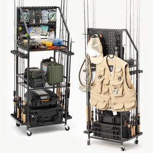 SOYEEZE Fishing Rod Holders for Garage with Pegboard and Lockable Wheels, 3-Tier Fishing Pole Rack with 10 Hooks, Fishing Gear Tackle Box Organizer Up to 12 Rods, Rolling Fishing Storage Cart