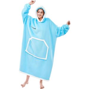 IFNOW Wearable Blanket Hoodie, Oversized Sherpa Fleece Hooded Sweatshirt with Eye Mask, Cozy and Giant Blanket Hoodie with Sleeves Extra Long for Adults Men Women, Skyblue