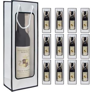 WAKAKO 12 Pcs Wine Gift Bag for Bottle, Bulk Kraft Paper Bag with Handles Reusable Clear Window for Weddings, Christmas, Birthday, Party, Graduations, Thanksgiving (White)