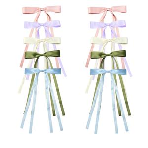 2 x Decorative Hair Bow Clips, 5 Colors, 6.1 x 1 inch, Long Trailing Ribbons, 10-Piece Set (Pink Purple White Green Blue) Ribbon Bowknot Clips and Barrettes with Long Tails for Women and Girls