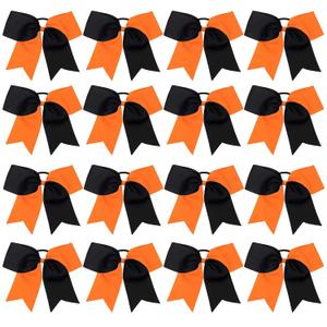 16PCS 8" Large Cheer Hair Bows Ponytail Holder Elastic Band Handmade for Cheerleading Teen Girls College Sports (Black/Orange, 1 Count (Pack of 16))