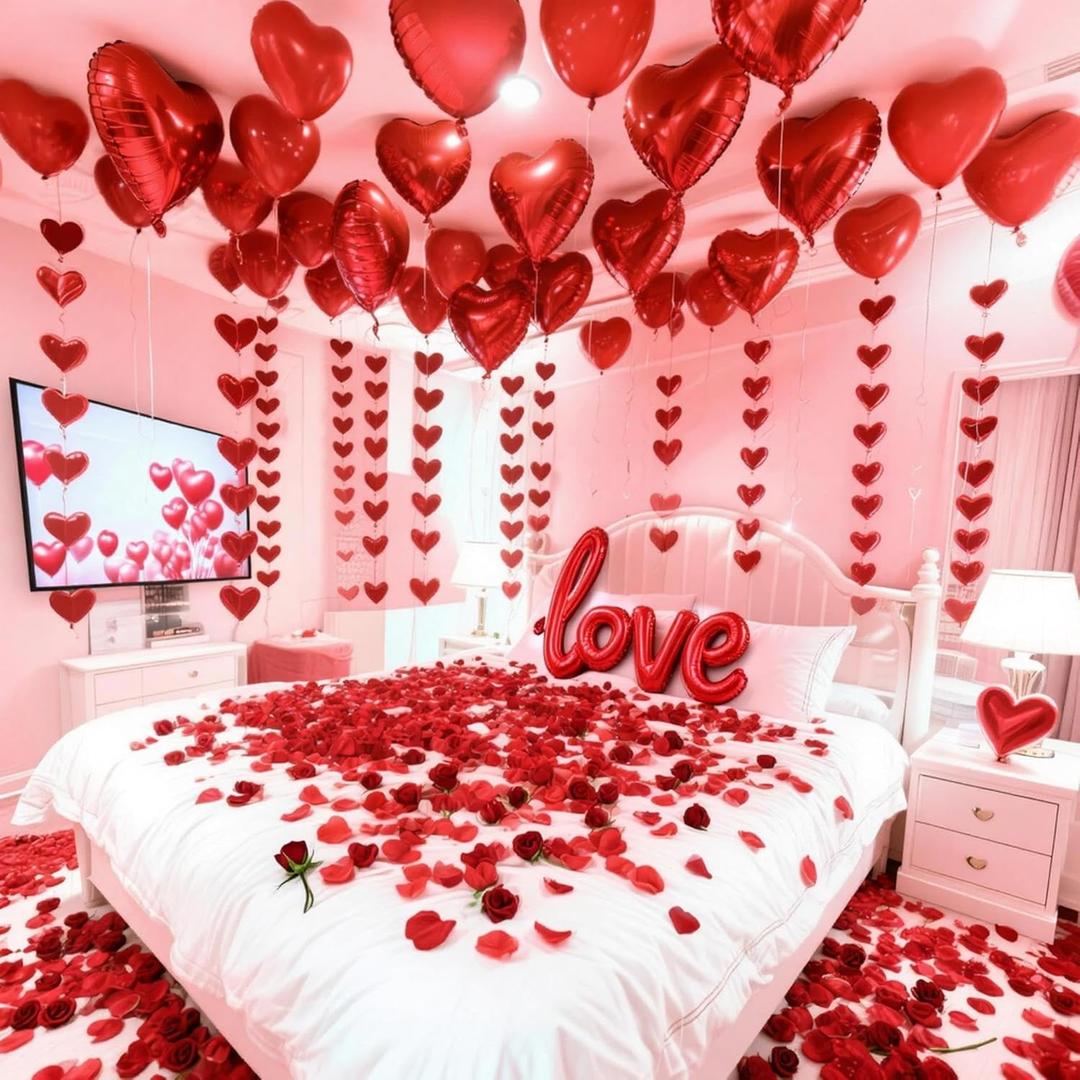 Valentine's Day Decorations Set – 1000 Rose Petals & 31 Red Heart Balloons Kit – Includes LOVE Foil Balloon & Premium Felt Heart Garland – Romantic Room Decor for Anniversary, Proposal, Wedding Night
