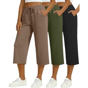 3 Pack Women's Capri Pants Drawstring Yoga Jogger Workout Sweatpants Straight Leg Pajama Trousers with Pockets (X-Large, Black, Army Green, Coffee)