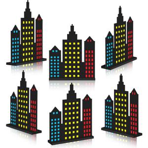 Vicenpal 6 Pcs Skyscraper Party Decorations Wooden Hero Theme Skyscraper Table Decor City Skyline Buildings Centerpiece Sign Decor for Hero Theme Comic Birthday Party Supplies