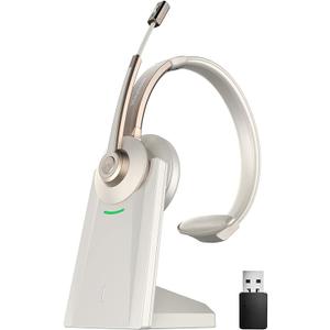 Bluetooth Headset, Wireless Headphones with Microphone Noise Canceling & USB Dongle, V5.0 Trucker Bluetooth Headset with Mic Mute & Charge Dock for PC/Laptop/Phone/Meeting/CallCenter/Office Gold