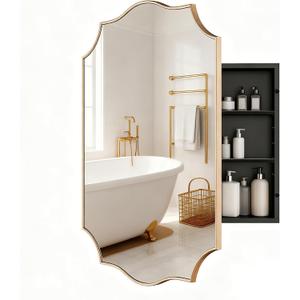 Gold Scalloped Edge Vintage Medicine Cabinet Mirror, Decorative Bathroom Storage Cabinet with 2 Adjustable Shelves, Recessed or Surface Mount (Brushed Gold, 20x26)