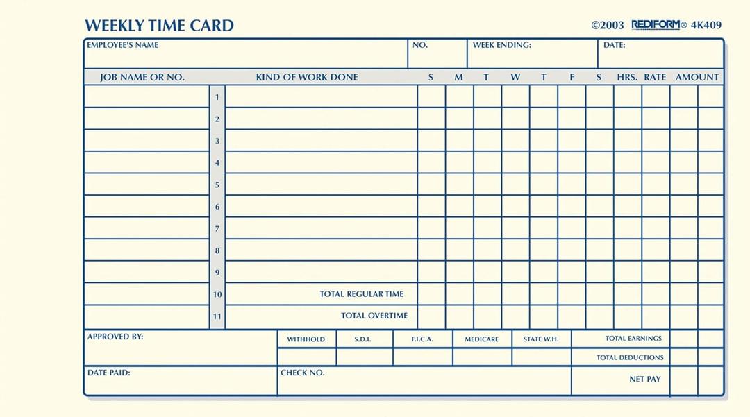 Rediform Employee Time Card, Weekly, Green Eye-Ease Paper, 4.25" x 7", 100 Cards Per Pad (4K409)