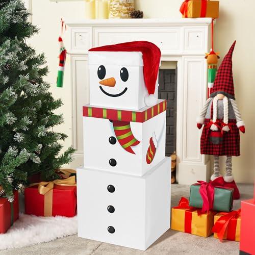 JOYIN 4 PCS Christmas Snowman Stacking Boxes with Lids and hat, Large Square Gift Boxes for Presents Wrapping, Cute Xmas Nesting Box, Funny Decorative Set of Box for Holiday and Winter Decorations