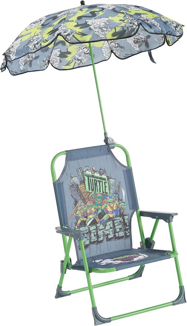 Teenage Mutant Ninja Turtles Kids Outdoor Folding Beach Chair with Umbrella,Portable Camp Chair for Ages 3+, Lightweight & Compact for Beach, Camping, and Backyard