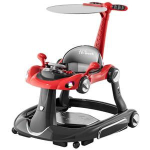 Baby Walker with Wheels, 7-in-1 Foldable Baby Walkers for Boys Girls 6-12 Months with Feeding Tray & Music, Lights,Rocker,Sun Canopy, Bouncing Pedal, Adjustable Wheel Speed, Push Walker (Red)