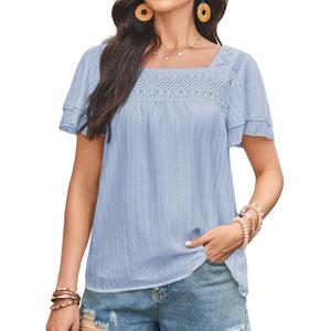 Falechay Plus Size Tops for Women Casual Summer Ruffle Short Sleeve Eyelet Chiffon Babydoll Lace Floral Crochet Blouse Bohemian Square Neck Blue XXL