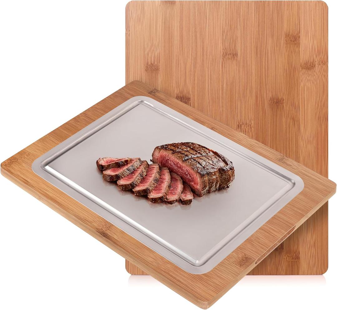 Pure Titanium Cutting Boards for Kitchen with Moso Bamboo Knife Friendly, 3x Faster Thawing Tray, Microplastic-Free Double Sided Cutting Board (16")