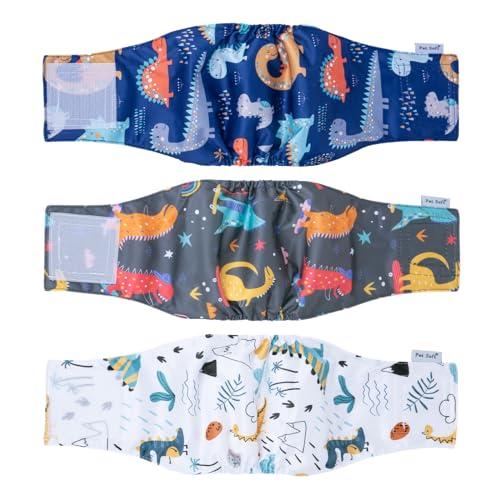 Pet Soft Dog Belly Band - 3 Packs Reusable Dog Diapers Male Doggy Diapers Wraps - Washable Dogs Belly Bands for Male Dogs (Dino, XS)