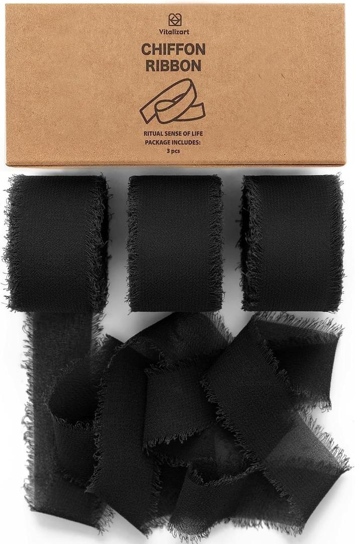 Vitalizart Black Chiffon Silk Ribbon 1" x 21 Yd Fringe Fabric Package (3 Rolls * 7 Yd) for Wedding Invitations Bridal Bouquets Decorations Gifts Wrapping & Bow Making
