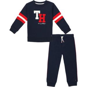 Tommy Hilfiger boys 2pc Knit Jog Set (24 Months, Navy Blazer/Red/Vanilla Ice)