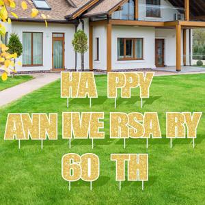 8PCS 60th Anniversary Yard Sign Decorations White Gold Happy 60th Wedding Lawn Garden Yard Sign with Stakes for Married Women Men 60 Years Anniversary Wedding Decor Outdoor Party Supplies